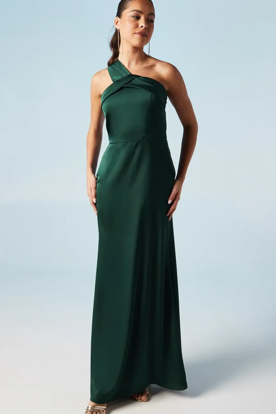 Asymmetric Neckline Satin Bridesmaids Maxi Dress