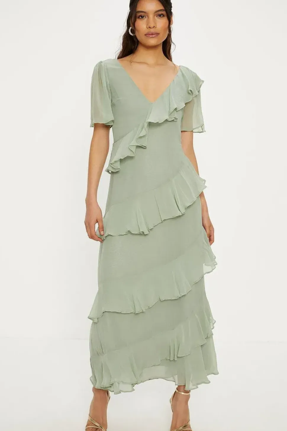 Asymmetric Ruffle Tiered Angel Sleeve Midi Dress