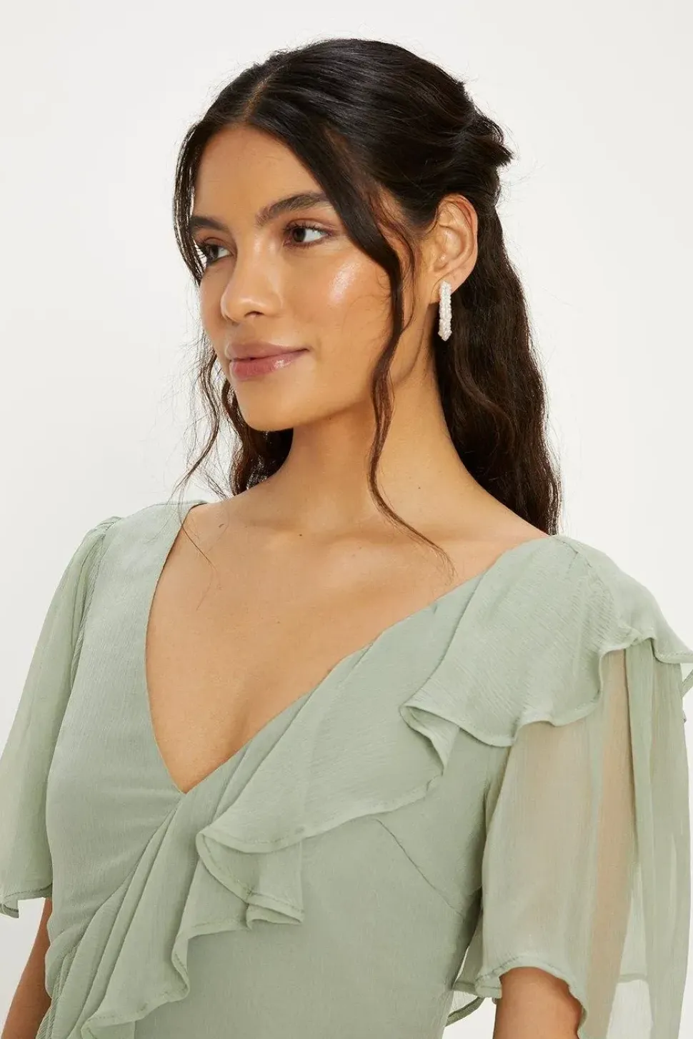 Asymmetric Ruffle Tiered Angel Sleeve Midi Dress