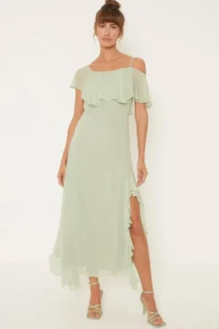 Asymmetric Strap Ruffle Midi Dress