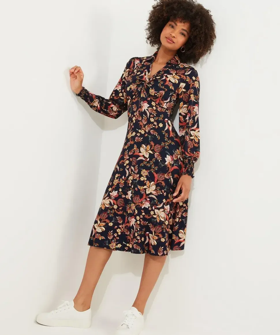 Autumnal Floral Frilly Midi Dress