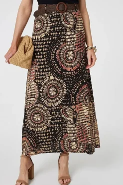 Aztec Print A-Line Belt Maxi Skirt