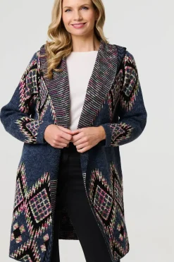 Aztec Print Longline Hooded Knit Jacket