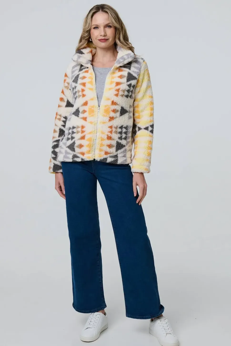 Aztec Print Relaxed Teddy Fur Jacket