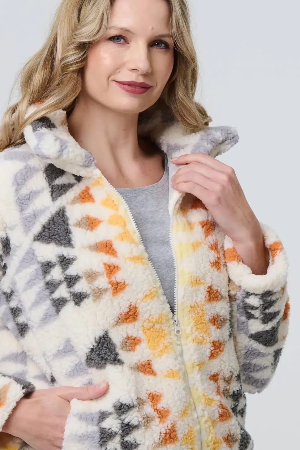 Aztec Print Relaxed Teddy Fur Jacket