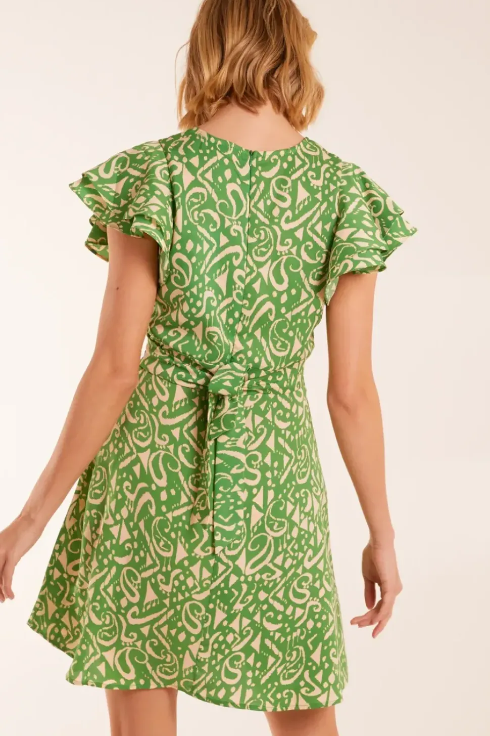 Aztec Wrap Ruffle Frill Sleeve Mini Dress