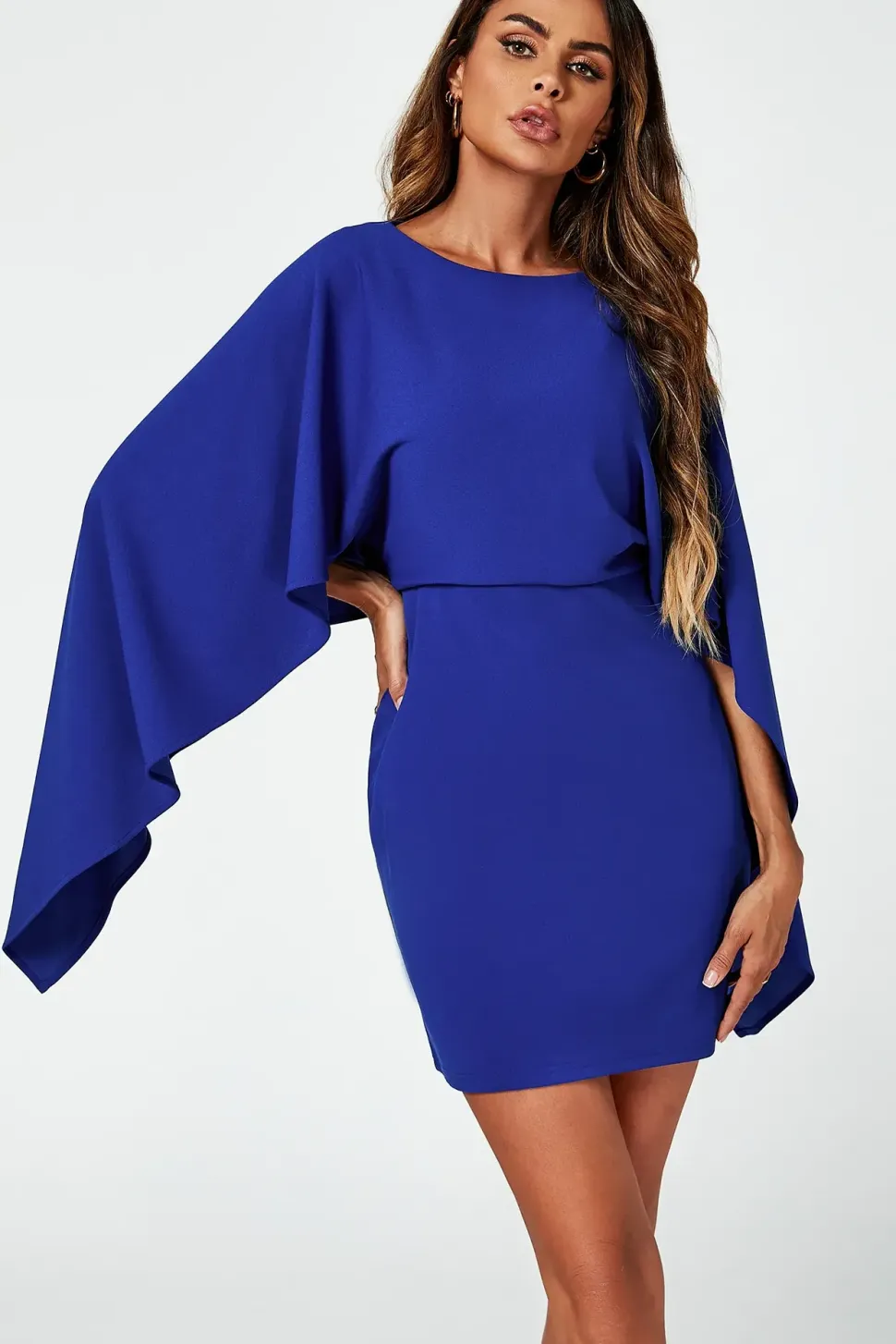 Back Detail Mini Dress With Cape In Blue
