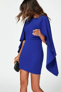 Back Detail Mini Dress With Cape In Blue
