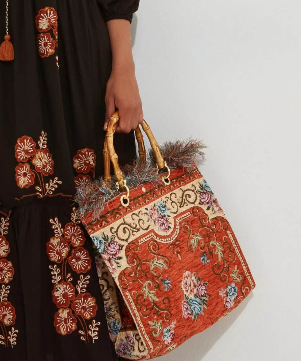 Bamboo Handle Vintage Floral Print Fringed Carpet Bag