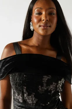 Bardot Detail Velvet Lace Pencil Dress With Contrast Lining