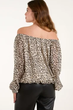 Bardot Elastic Neckline Leopard Tassel Top