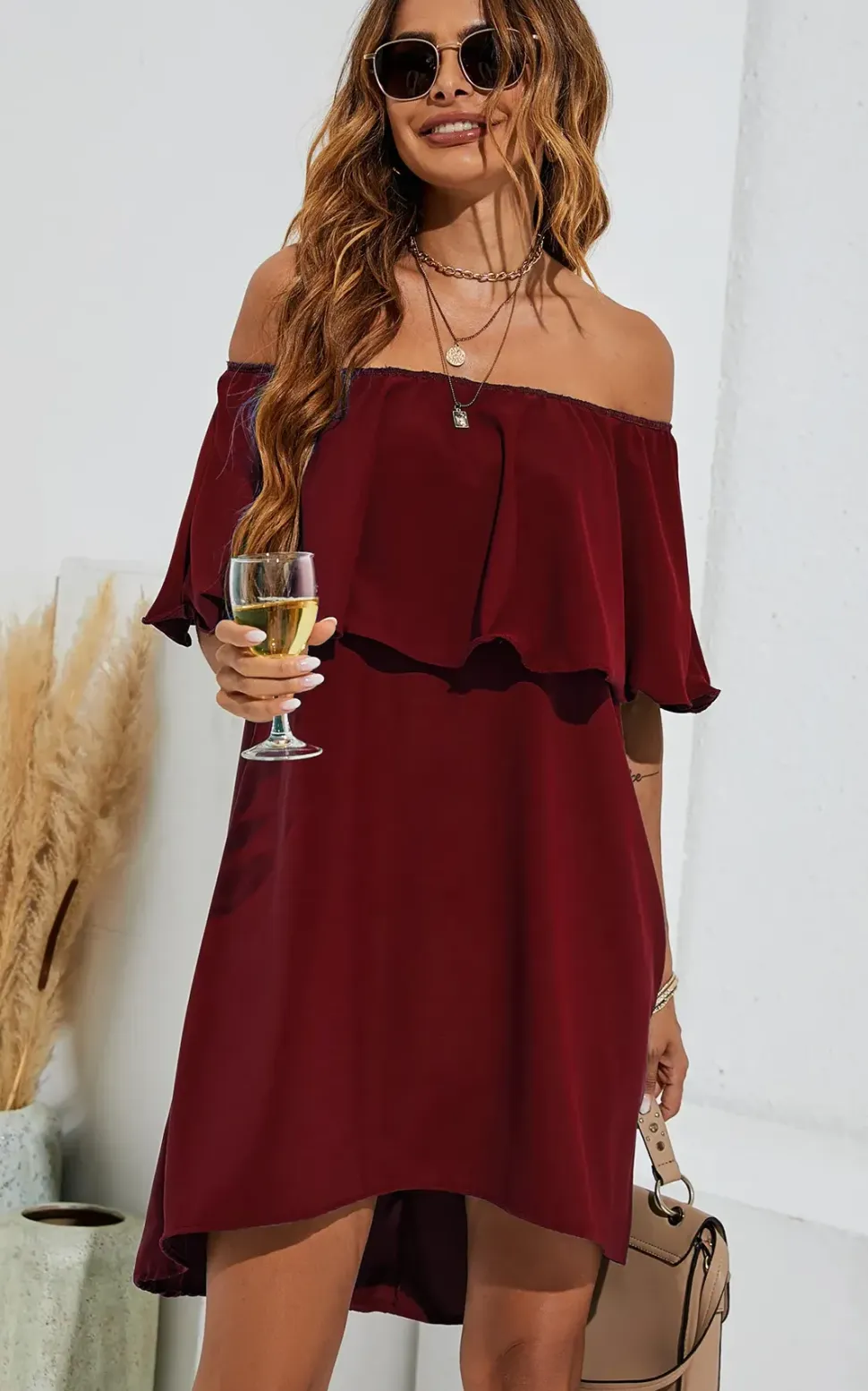 Bardot Frill Off Shoulder Mini Dress In Wine Red