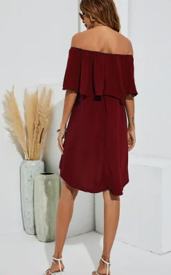 Bardot Frill Off Shoulder Mini Dress In Wine Red