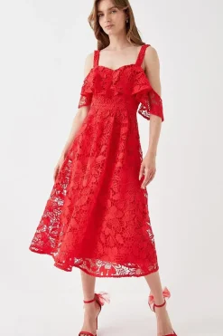 Bardot Frill Top Lace Midi Dress