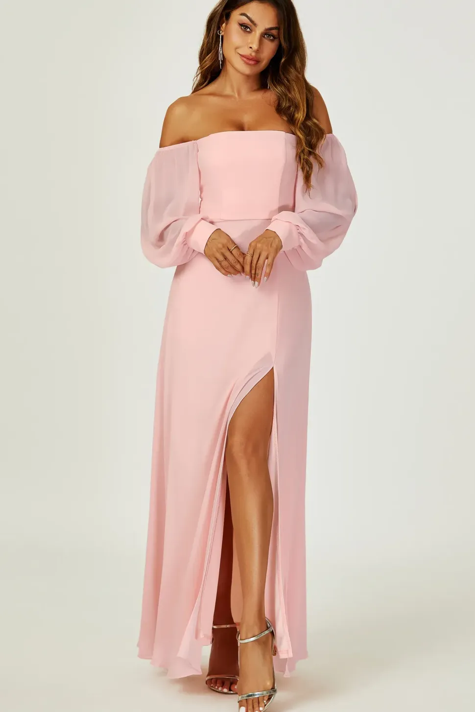 Bardot Long Sleeve Bridesmaid Dresses with High Slit In Pink