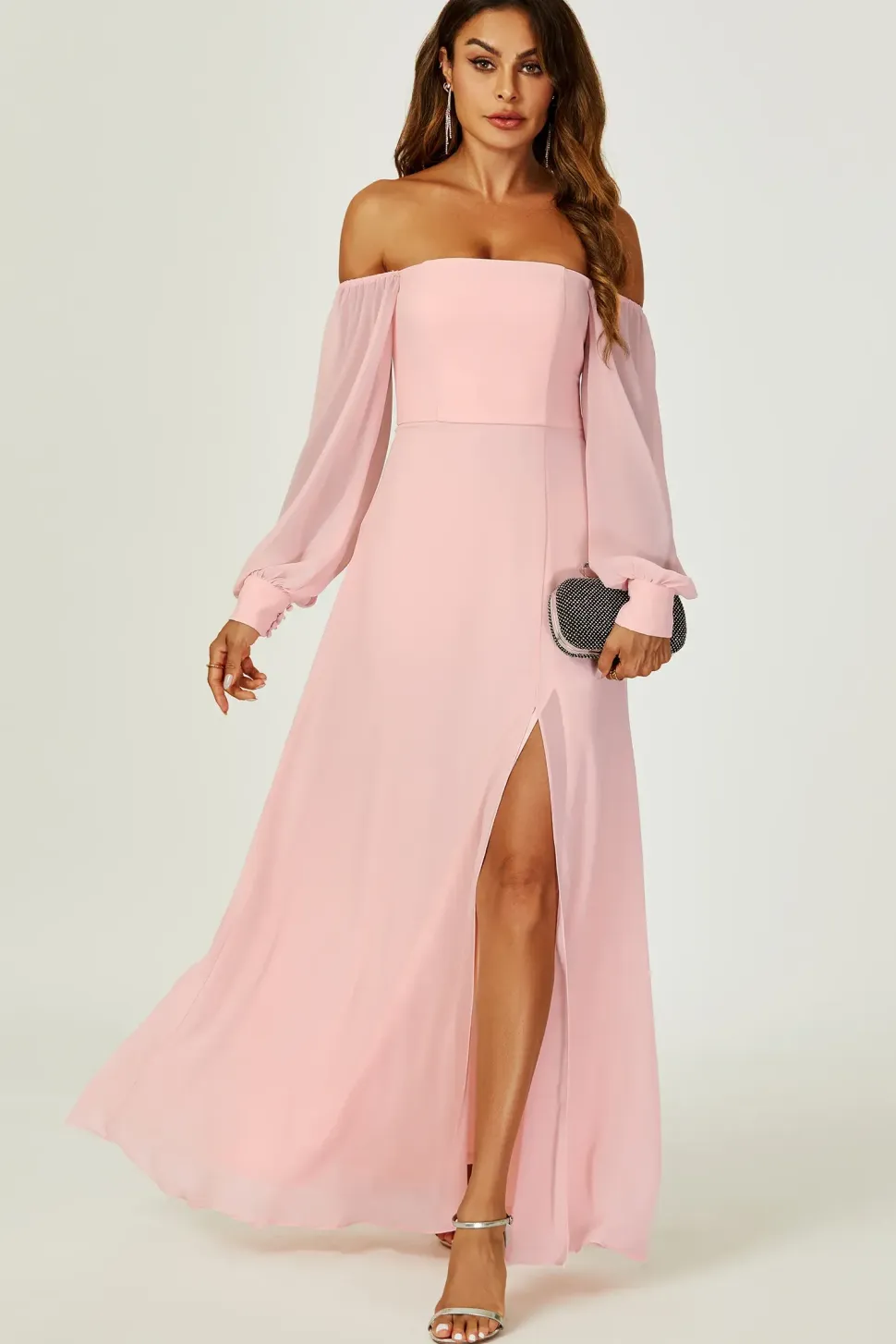 Bardot Long Sleeve Bridesmaid Dresses with High Slit In Pink
