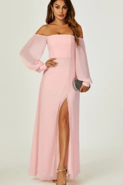 Bardot Long Sleeve Bridesmaid Dresses with High Slit In Pink