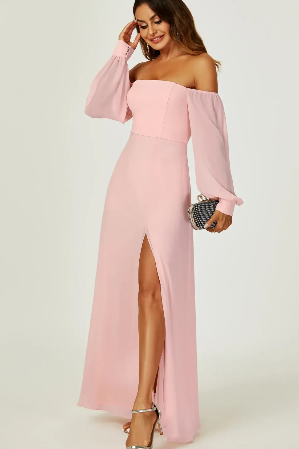 Bardot Long Sleeve Bridesmaid Dresses with High Slit In Pink