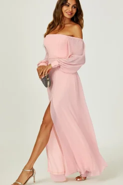 Bardot Long Sleeve Bridesmaid Dresses with High Slit In Pink