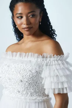 Bardot Mesh And Sequin Ruffle Wedding Dress