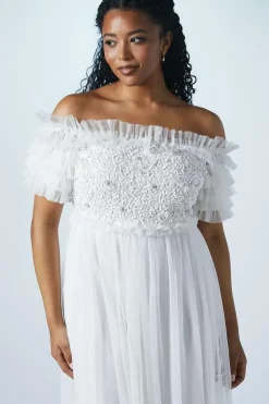 Bardot Mesh And Sequin Ruffle Wedding Dress