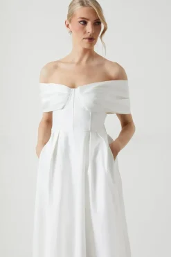 Bardot Structured Satin Full Skirted Wedding Dress