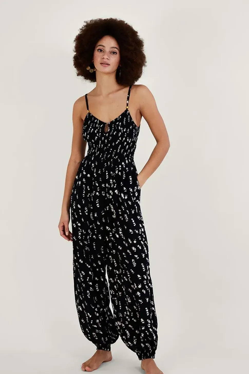 Batik Print Shirred Jumpsuit
