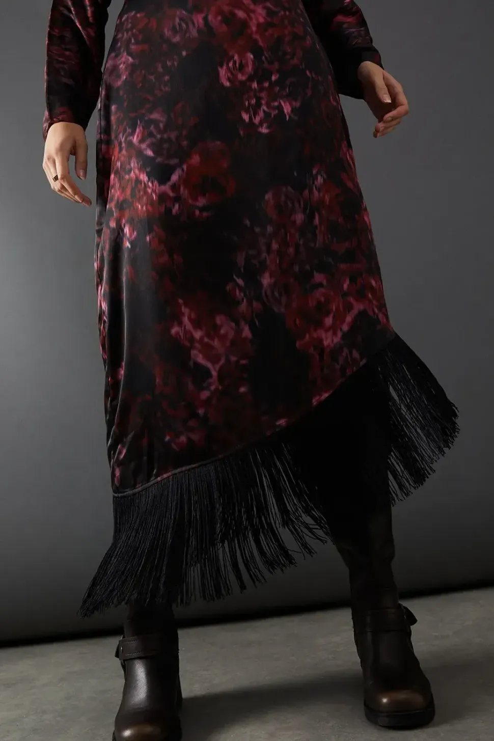 Batwing Asymmetric Midi Dress With Fringe