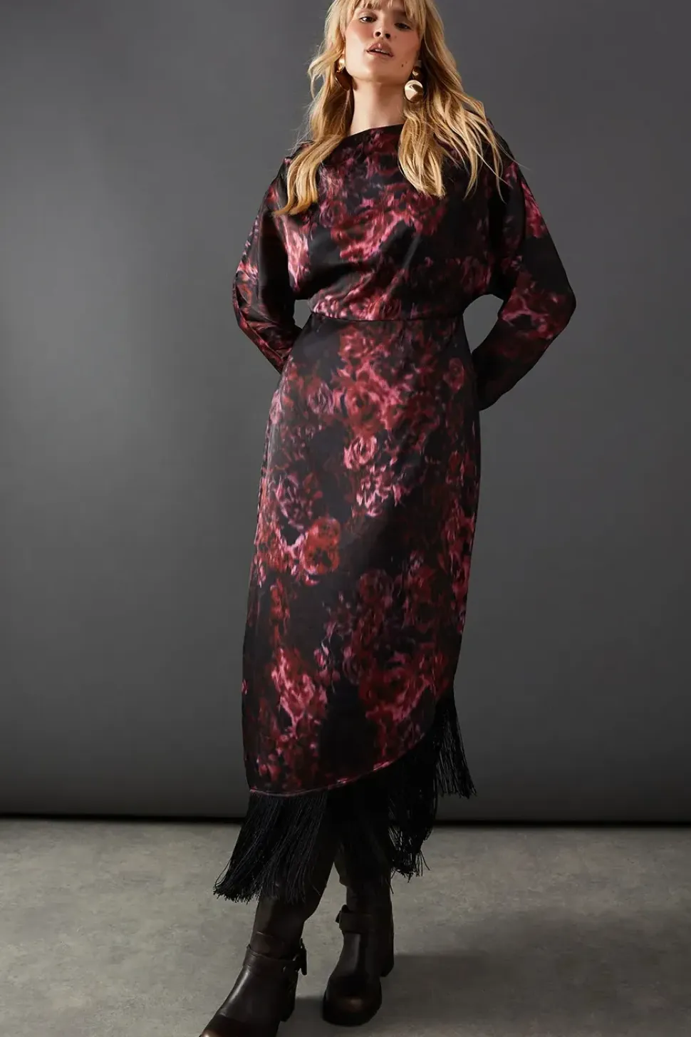Batwing Asymmetric Midi Dress With Fringe