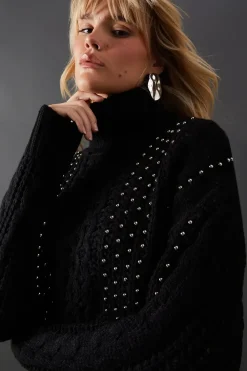 Beaded Cable Knit Roll Neck Jumper