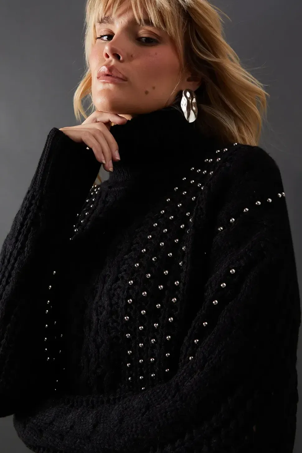 Beaded Cable Knit Roll Neck Jumper