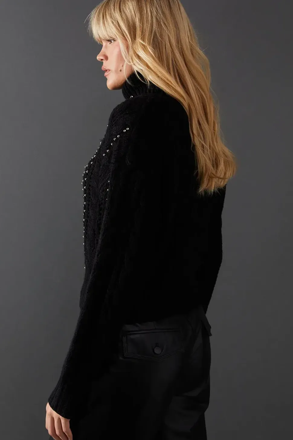 Beaded Cable Knit Roll Neck Jumper