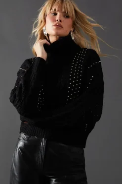 Beaded Cable Knit Roll Neck Jumper