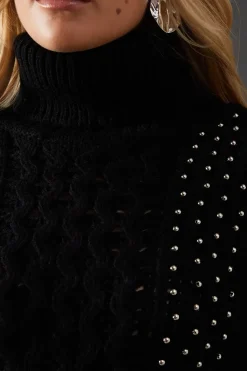 Beaded Cable Knit Roll Neck Jumper