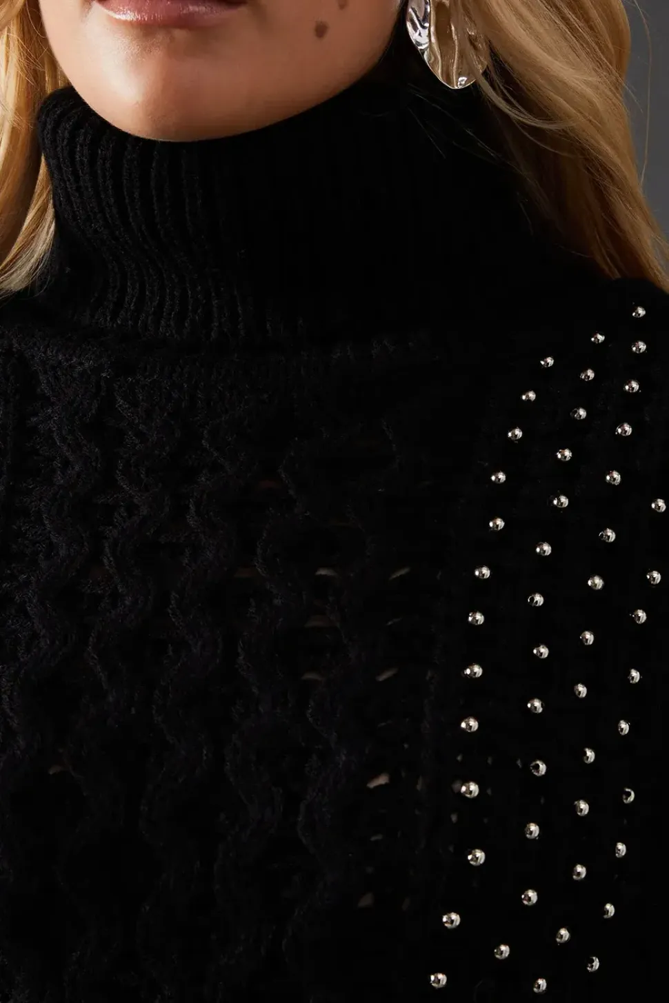 Beaded Cable Knit Roll Neck Jumper