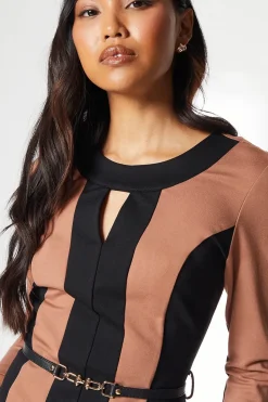 Beige Contrast Detail Ponte Shift Dress