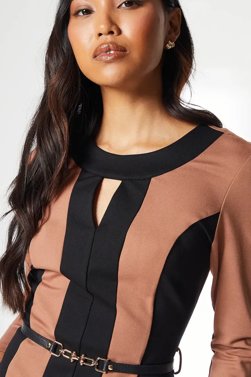 Beige Contrast Detail Ponte Shift Dress