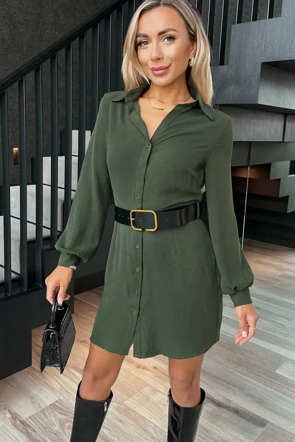 Belted Button-Up Mini Shirt Dress