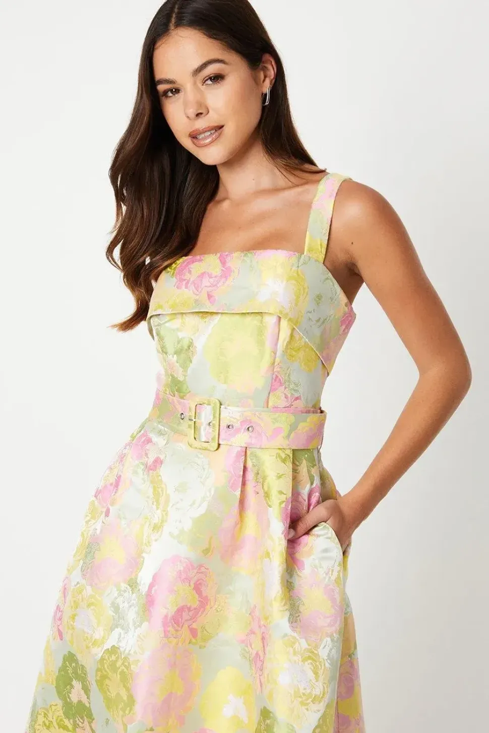 Belted Cami Top Jacquard Midi Dress