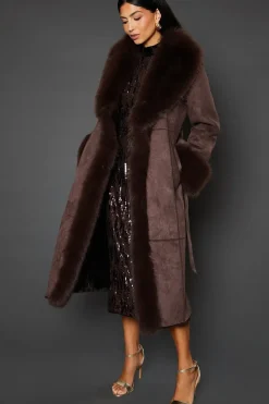 Belted Faux Fur Suedette Coat