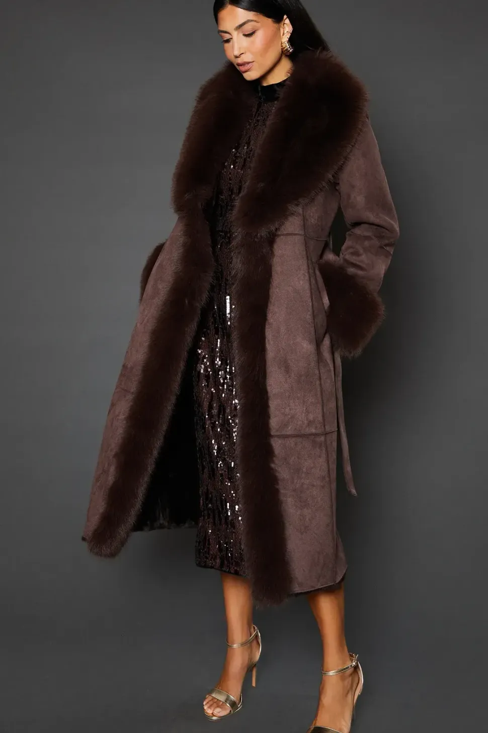 Belted Faux Fur Suedette Coat