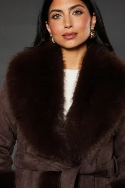 Belted Faux Fur Suedette Coat
