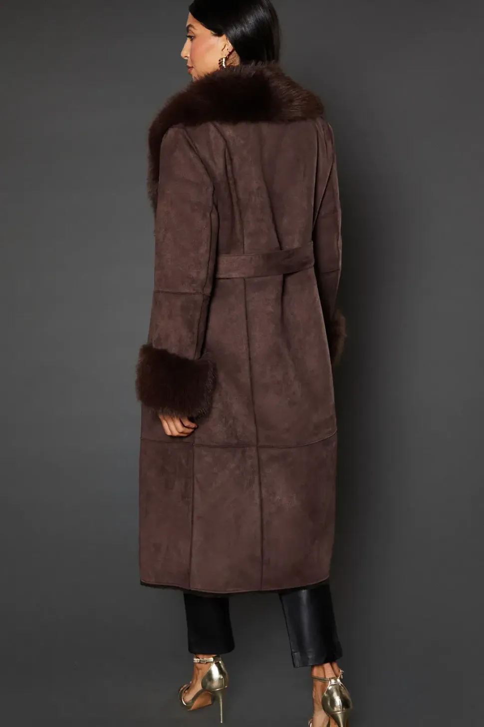 Belted Faux Fur Suedette Coat