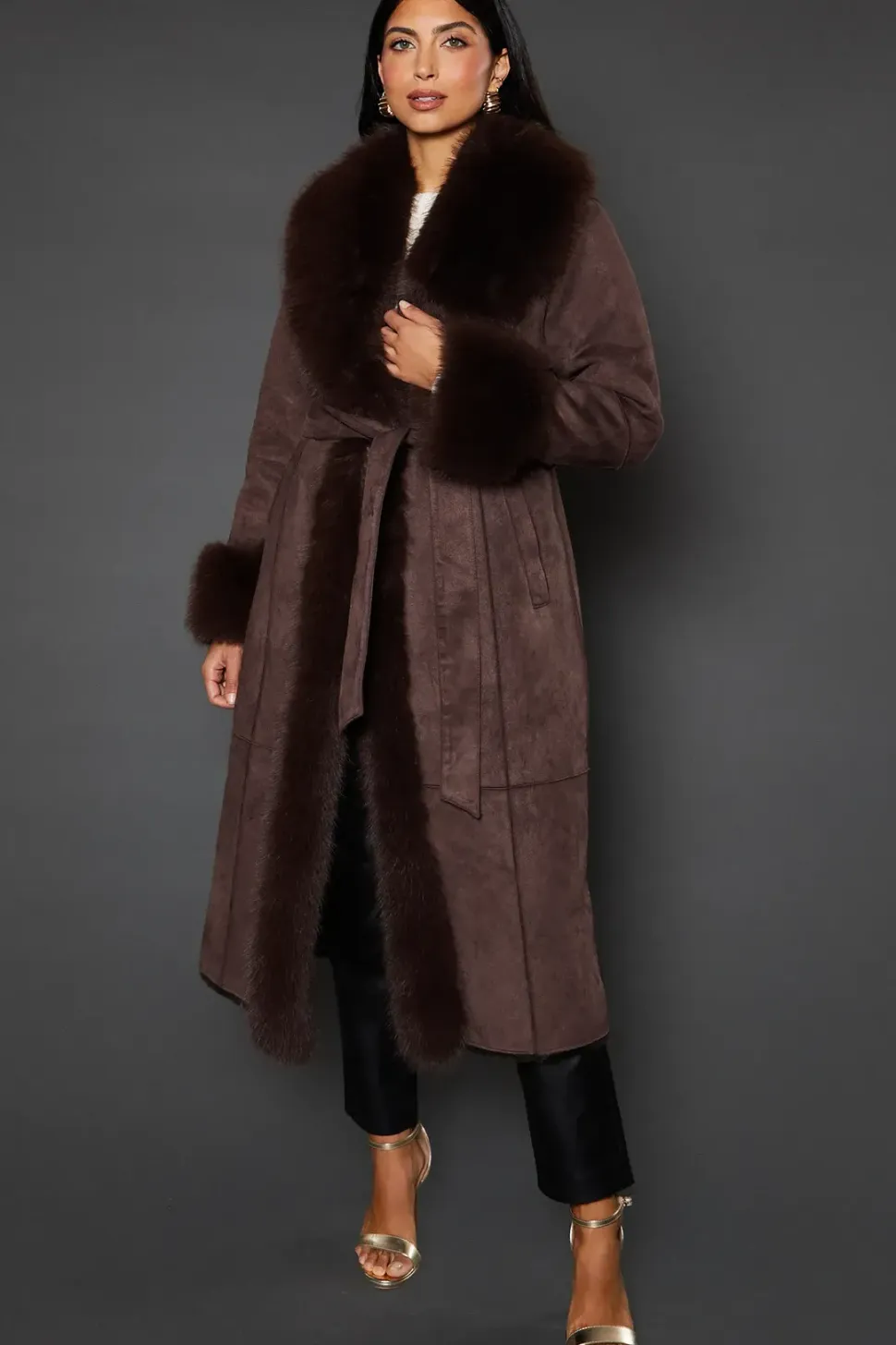 Belted Faux Fur Suedette Coat