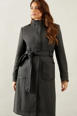 Belted Faux Leather Piped Coat