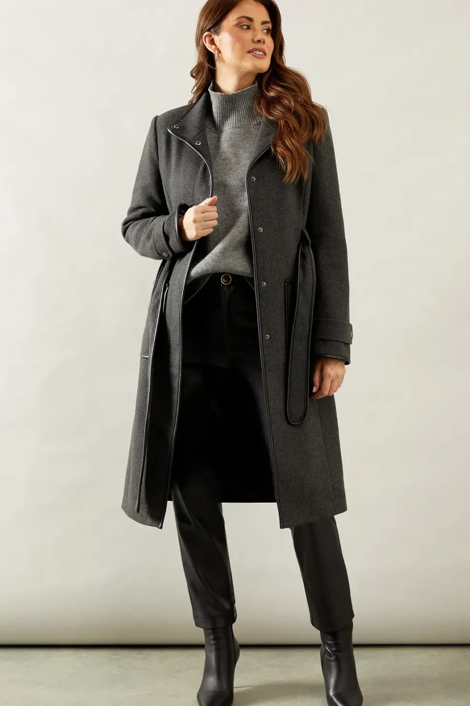 Belted Faux Leather Piped Coat