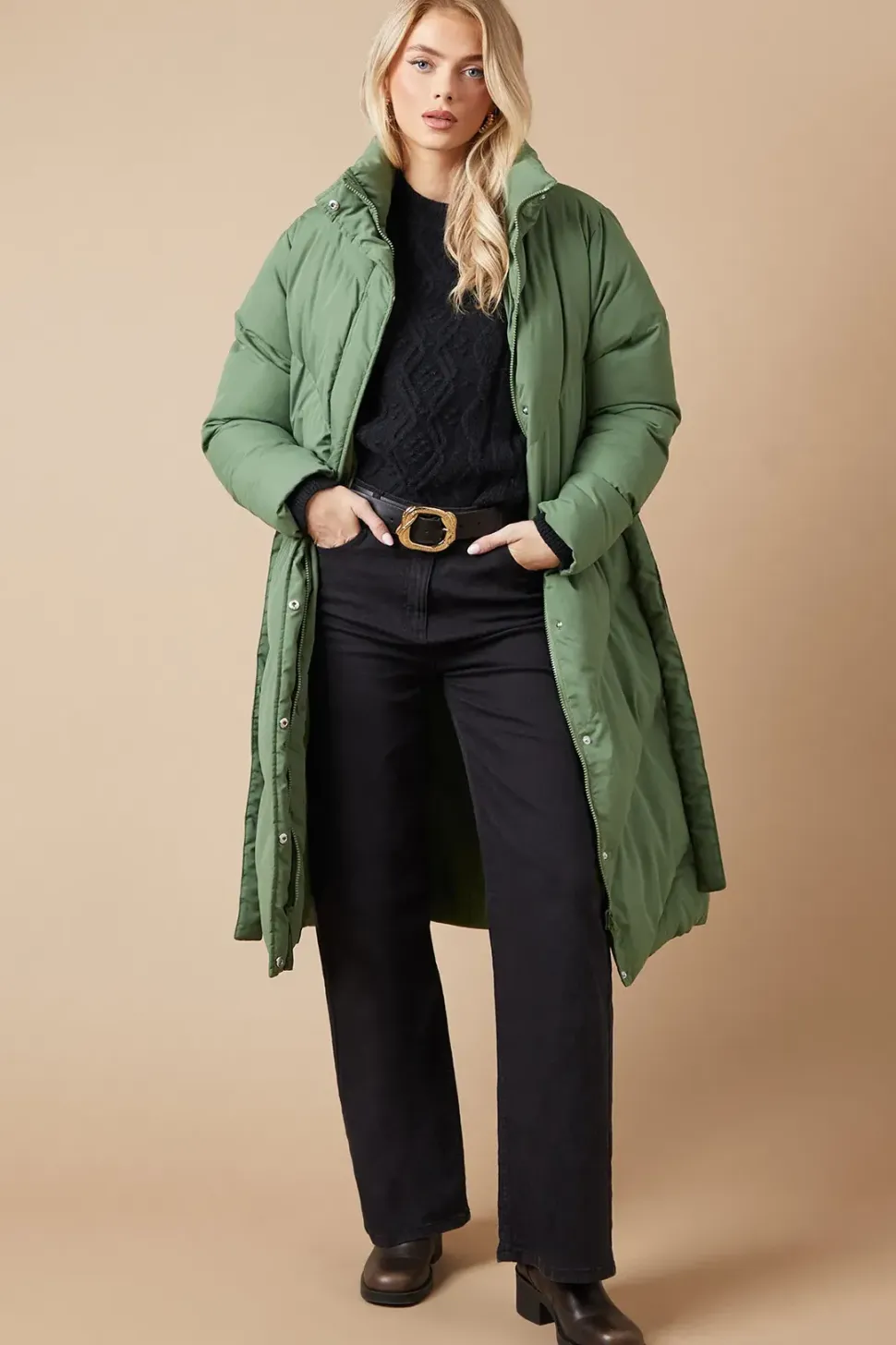 Belted Midi Padded Funnel Neck Coat