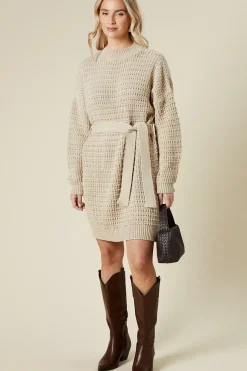Belted Pointelle Jumper Dress