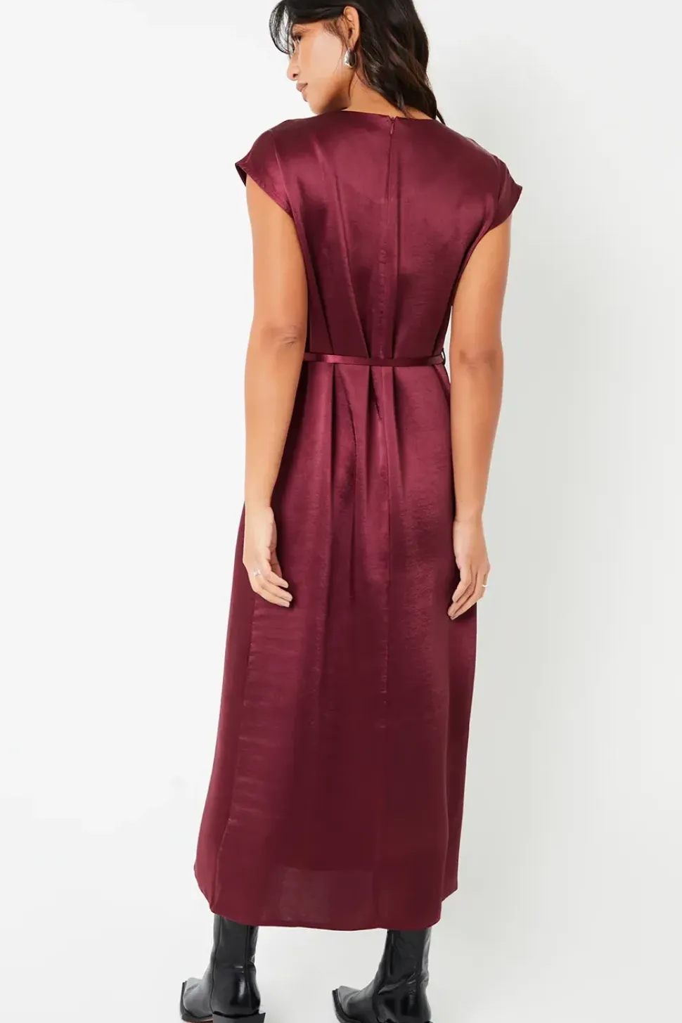 Belted Satin Column Maxi Dress