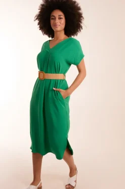 Belted V Neck Midi Dress